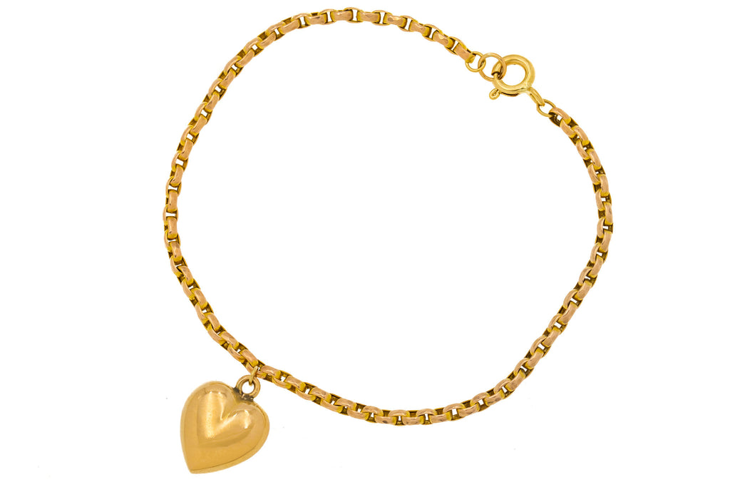 Antique 9ct Gold Belcher Bracelet with Heart Charm, 3.1g