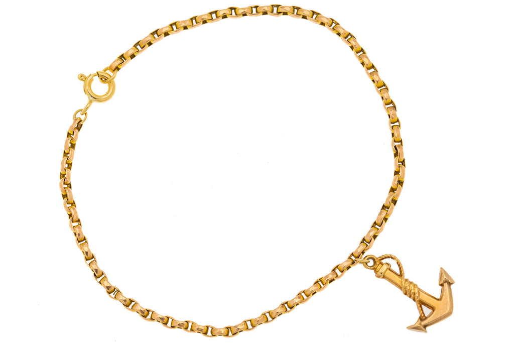 Antique 9ct Gold Belcher Bracelet with Anchor Charm