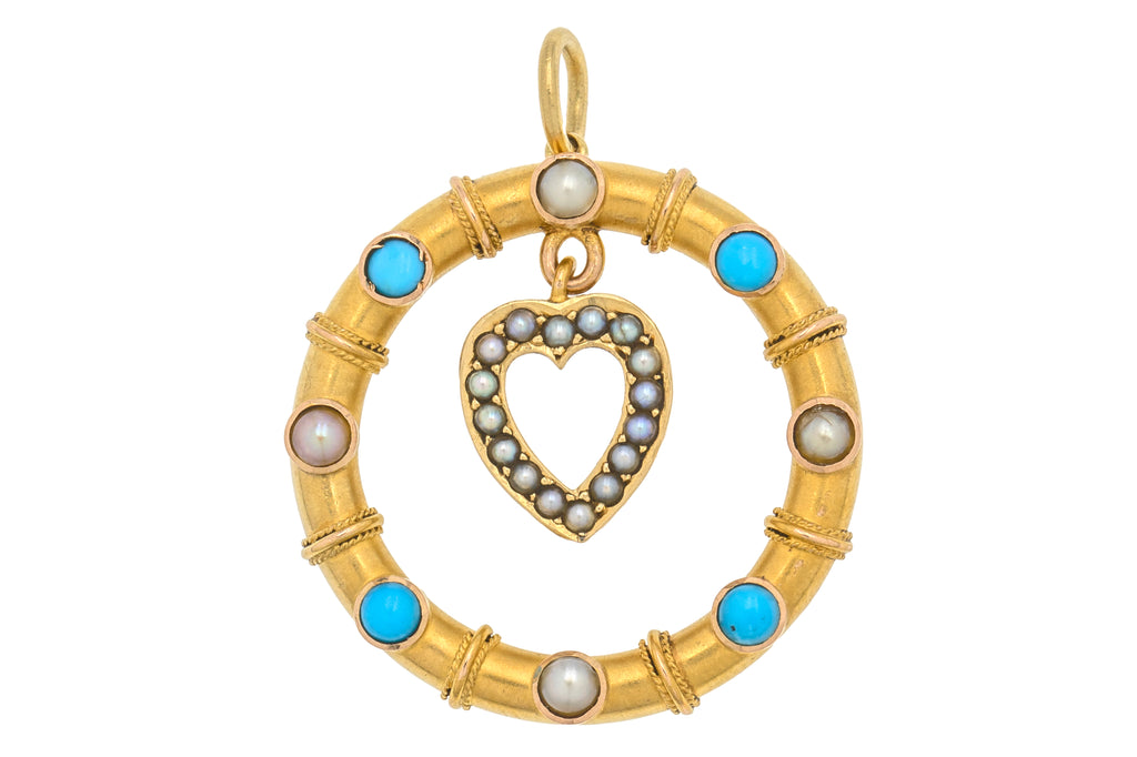 Antique 15ct Gold Heart Drop Turquoise Pearl Pendant