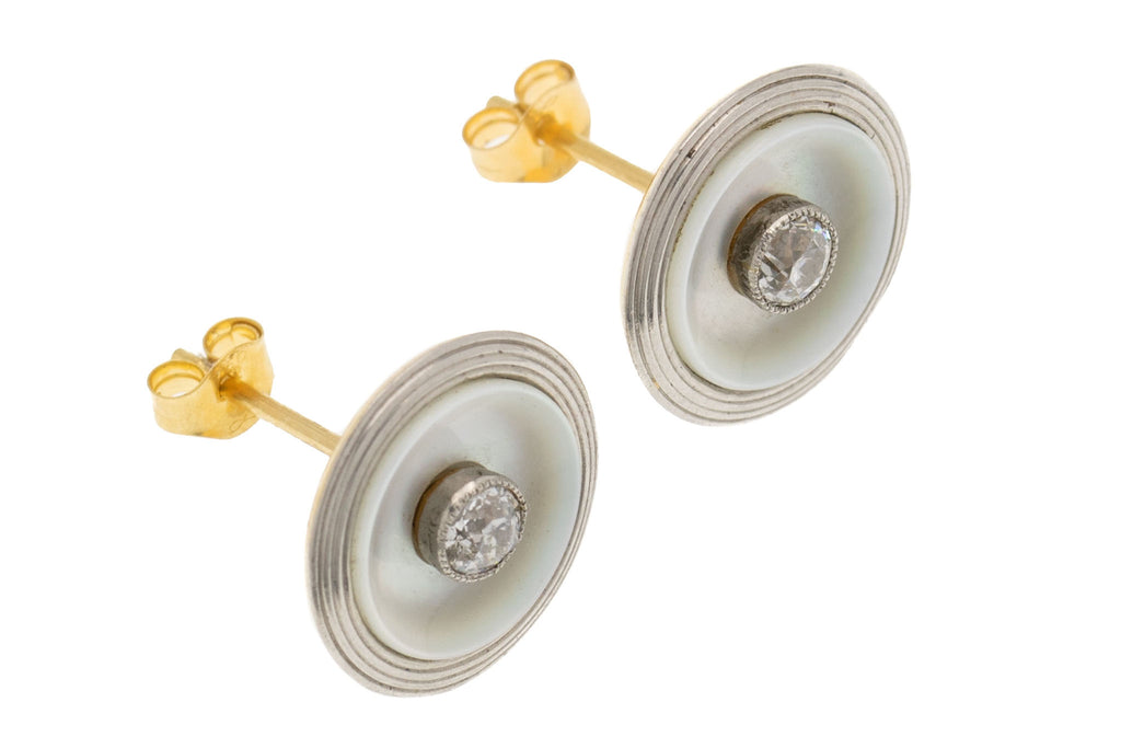 Art Deco 18ct Gold Mother of Pearl Diamond Stud Earrings