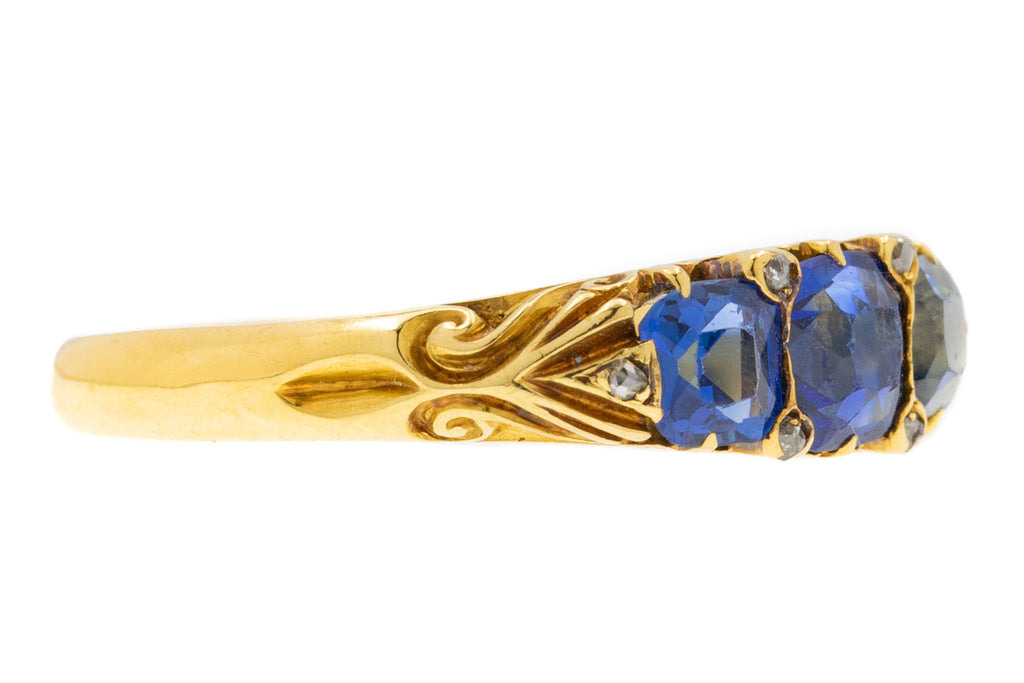 Early Victorian 18ct Gold Sapphire Diamond Trilogy Ring