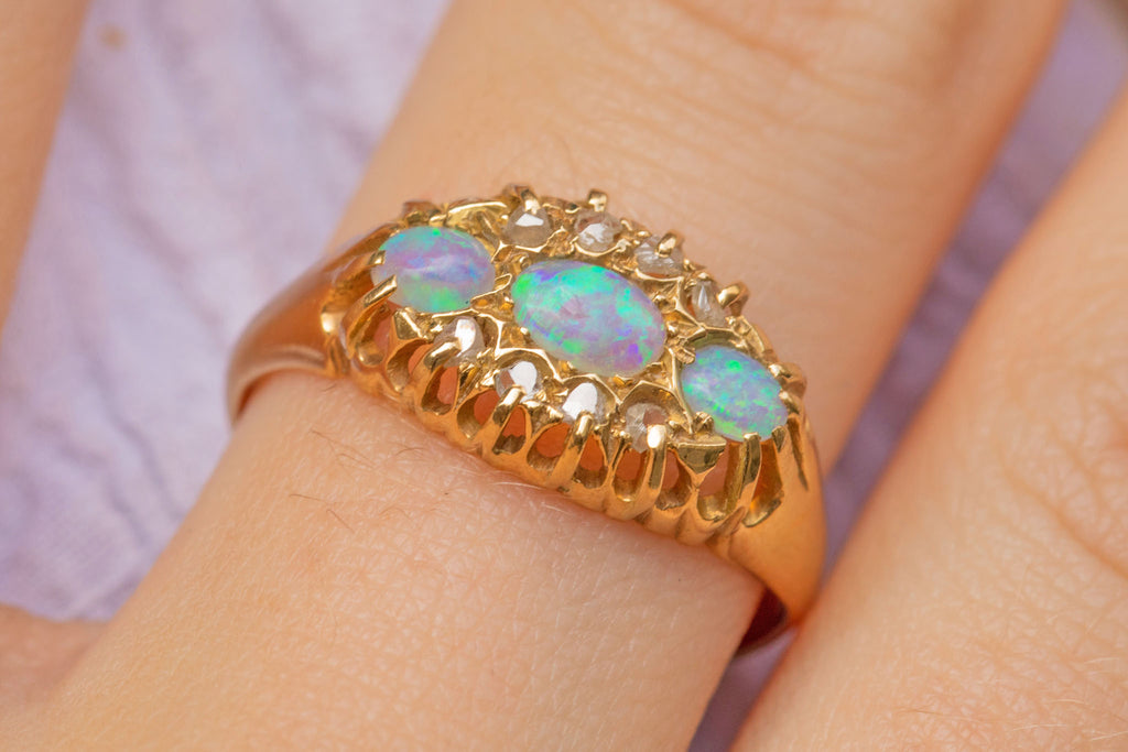 Antique 18ct Gold Opal Diamond Cluster Ring, c.1919