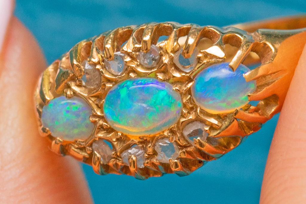 Antique 18ct Gold Opal Diamond Cluster Ring, c.1919