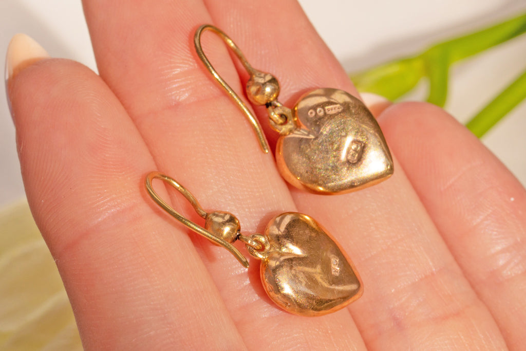 Antique 9ct Gold Puffy Heart Earrings c.1870