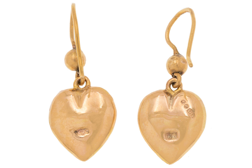 Antique 9ct Gold Puffy Heart Earrings c.1870