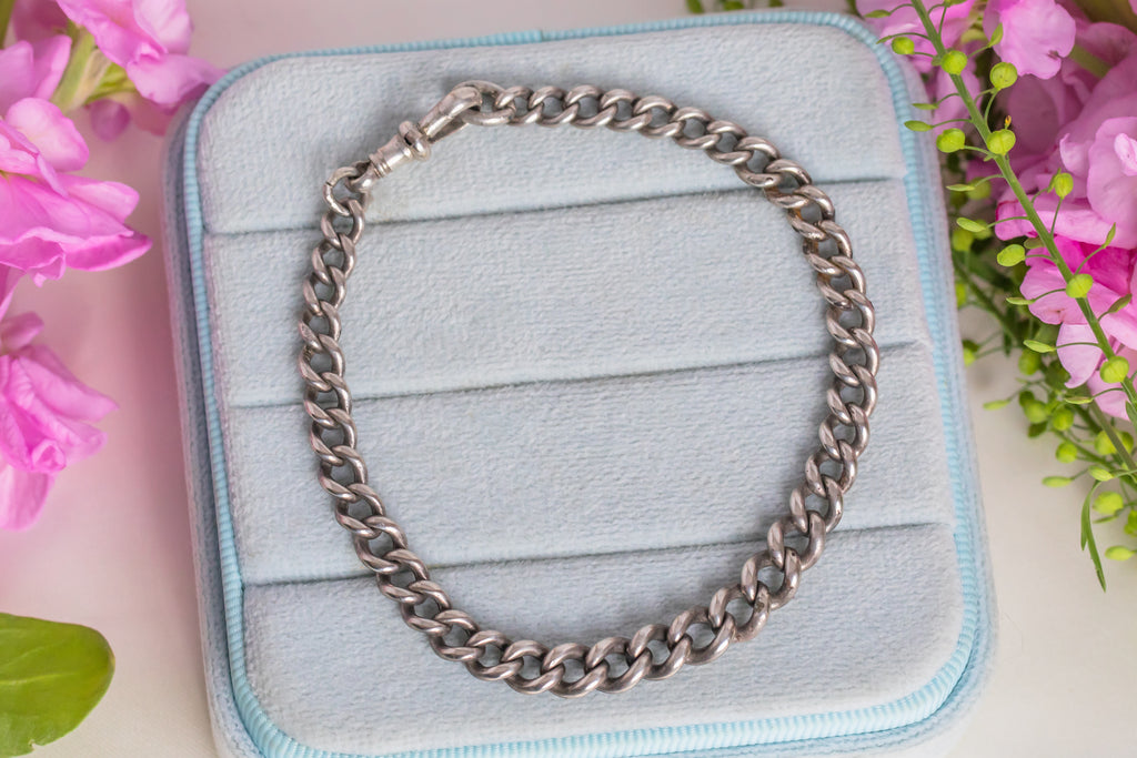 Antique Sterling Silver Curb Link Bracelet, with Dog Clip, 14.2g