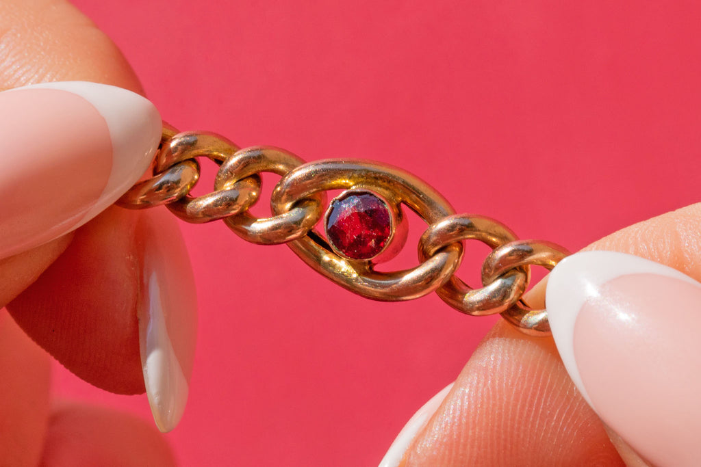 Antique 9ct Gold Opal Garnet Curb Bracelet
