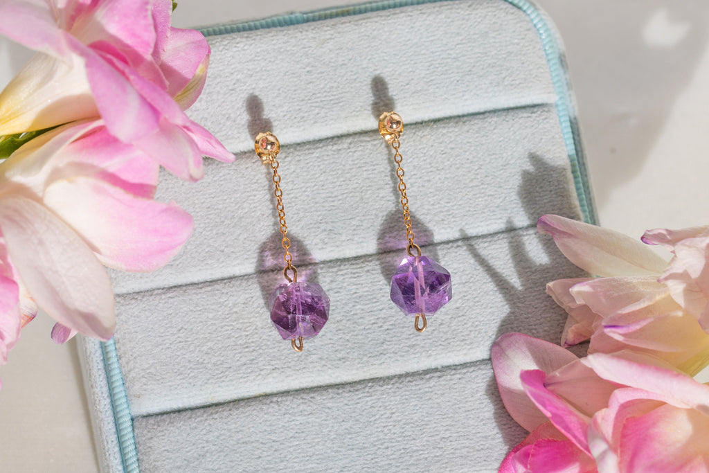 Antique 9ct Gold Faceted Amethyst Drop Earrings