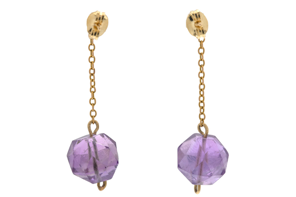 Antique 9ct Gold Faceted Amethyst Drop Earrings