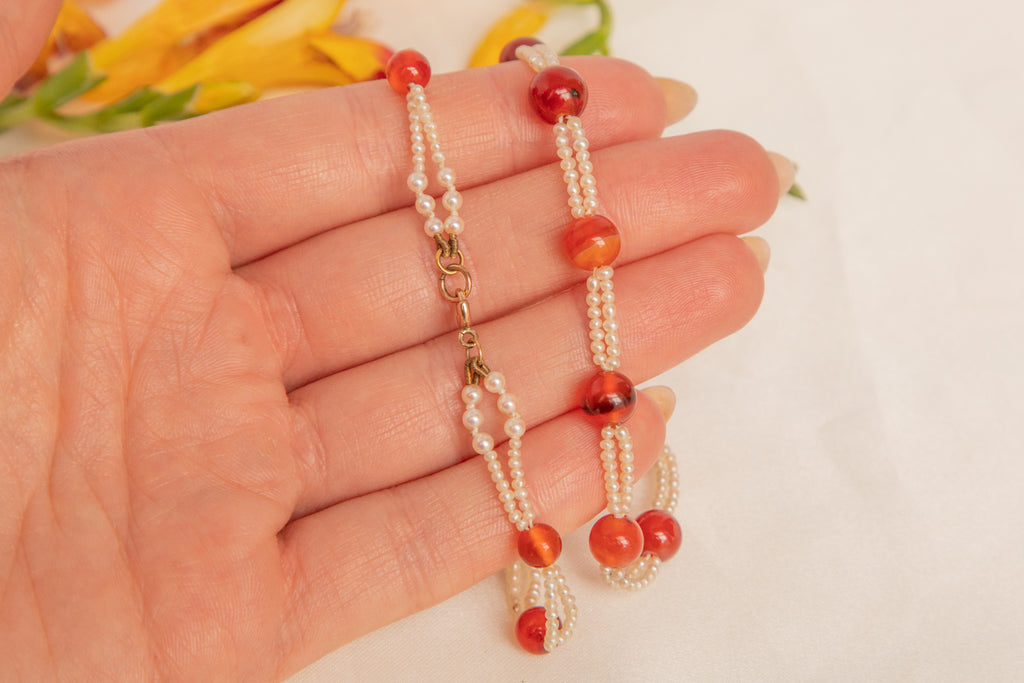 Antique Carnelian Pearl Beaded Necklace