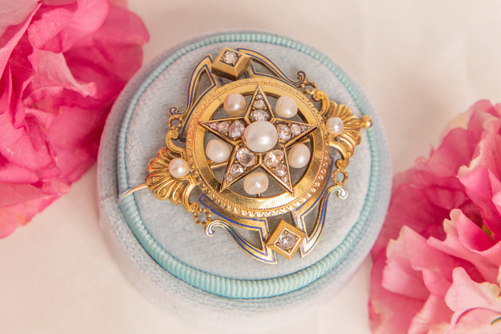 Antique 18ct Gold Rose-Cut Diamond Pearl Enamel Star Brooch, 1.10ct