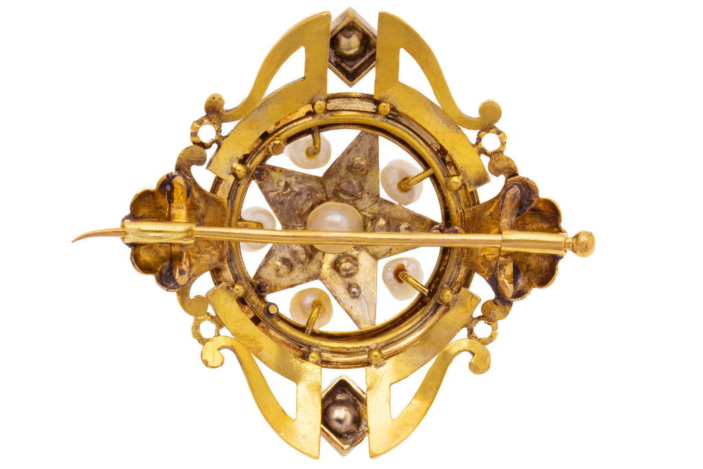 Antique 18ct Gold Rose-Cut Diamond Pearl Enamel Star Brooch, 1.10ct