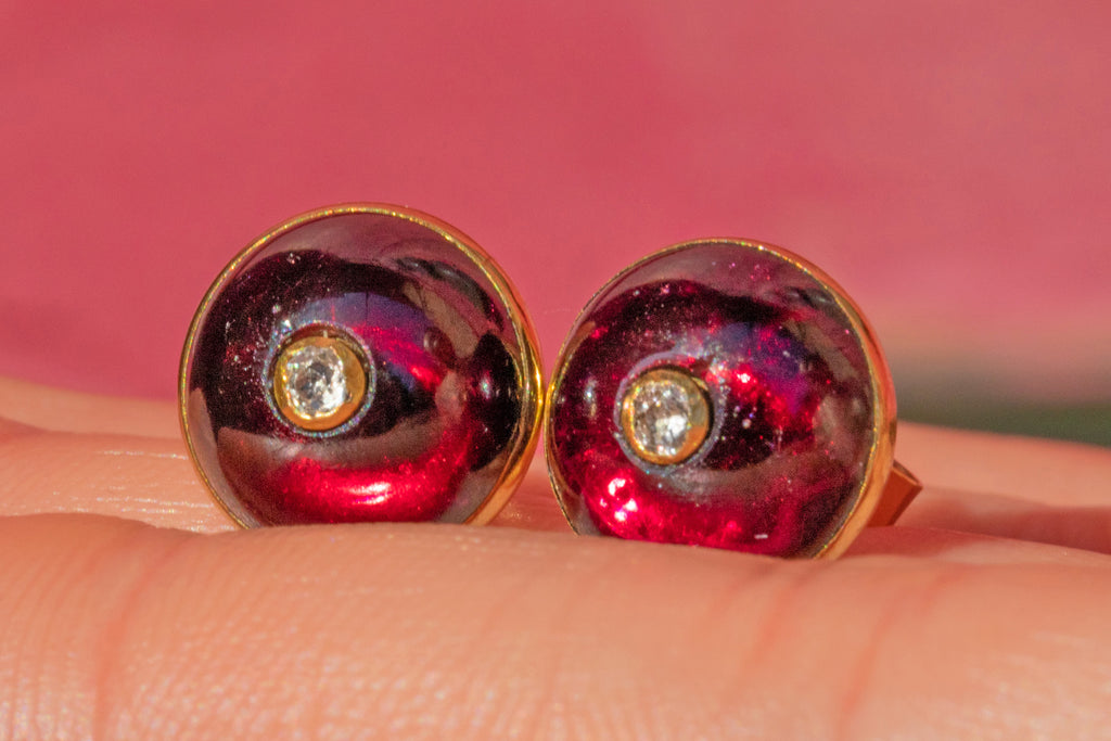 Antique 18ct Gold Garnet Cabochon Diamond Stud Earrings