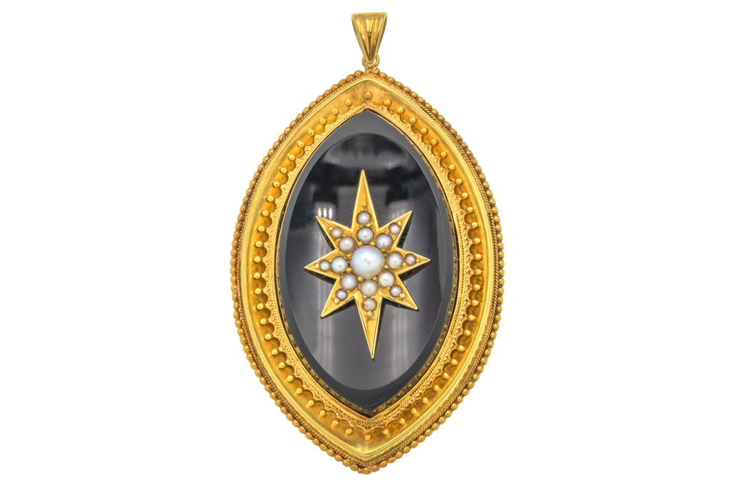 Antique 18ct Gold Starburst Pearl Onyx Etruscan Pendant