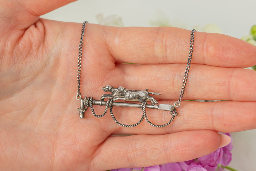 Victorian Silver Dog & Riding Crop Necklace