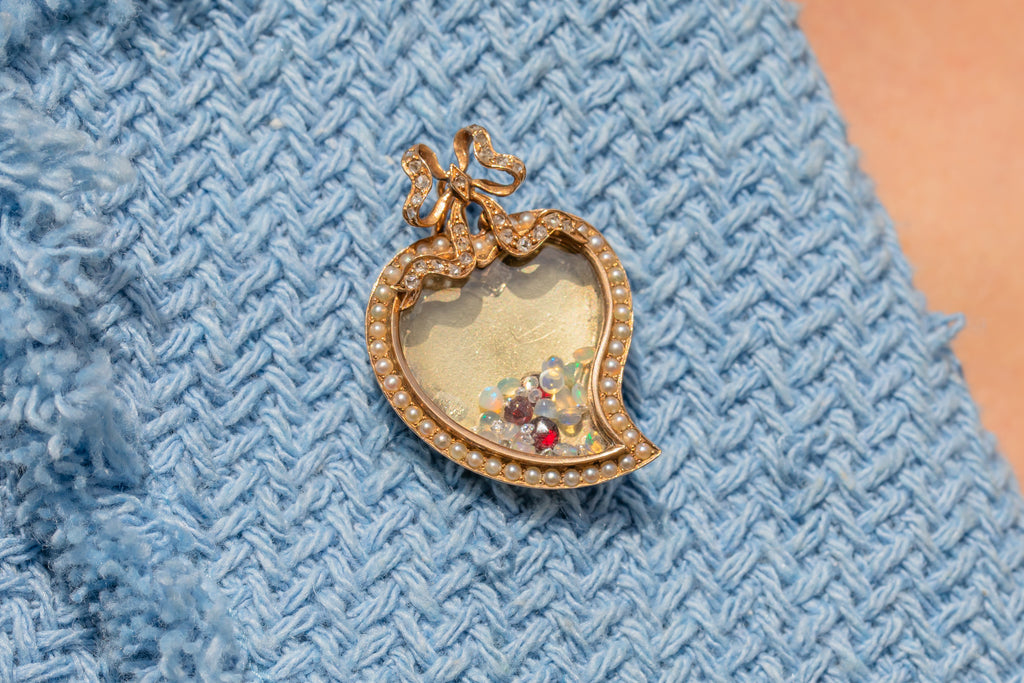 Edwardian 15ct Gold Diamond & Pearl Witches Heart Shaker Locket - Loose Diamonds, Opals & Garnets