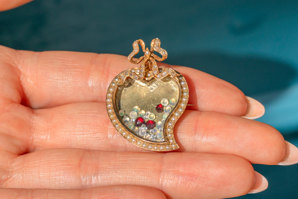 Edwardian 15ct Gold Diamond & Pearl Witches Heart Shaker Locket - Loose Diamonds, Opals & Garnets