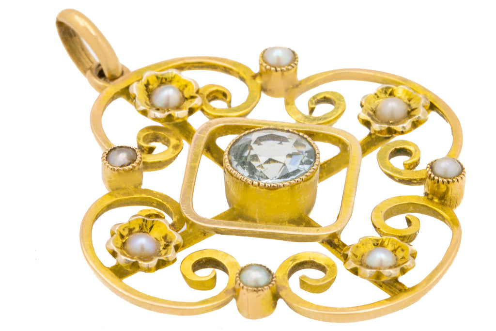 Antique Edwardian 9ct Gold Aquamarine Pearl Pendant