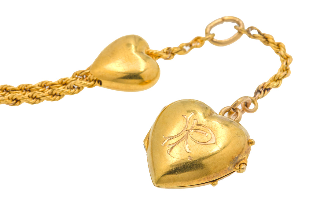Antique 18ct Gold Albertina Bracelet, Heart Locket, 9.2g