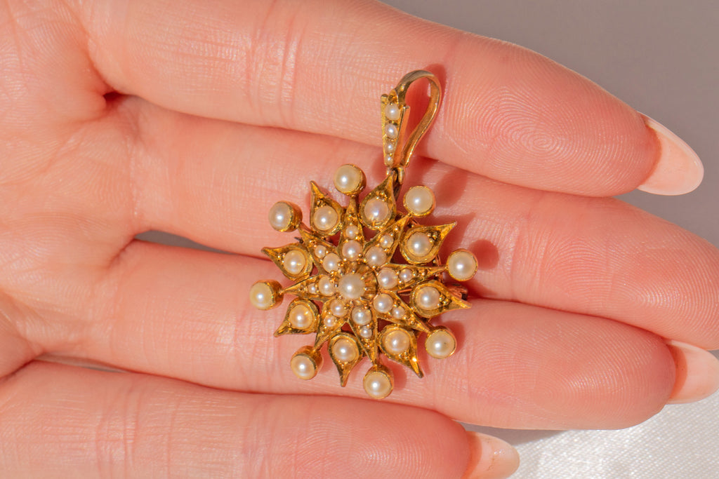 Antique 15ct Gold Pearl Starburst Pendant, with Detachable Brooch Fittings