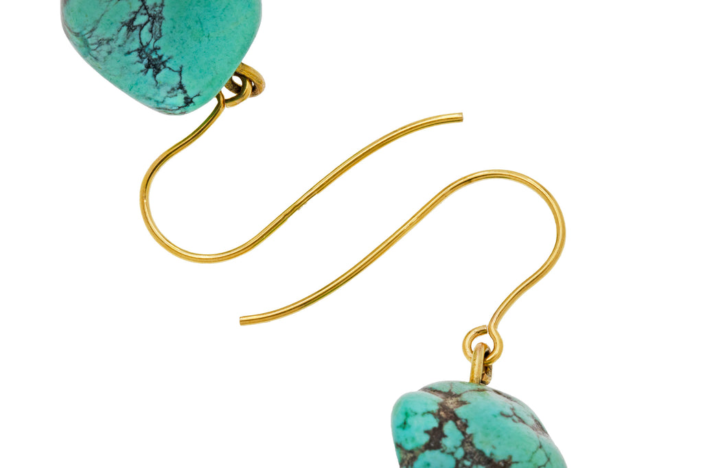 Antique 9ct Gold Turquoise Matrix Drop Earrings