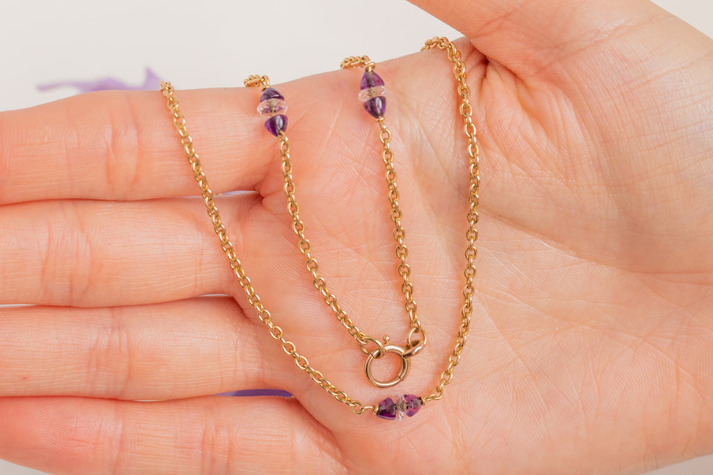 17" Antique 15ct Gold Amethyst Rock Crystal Chain