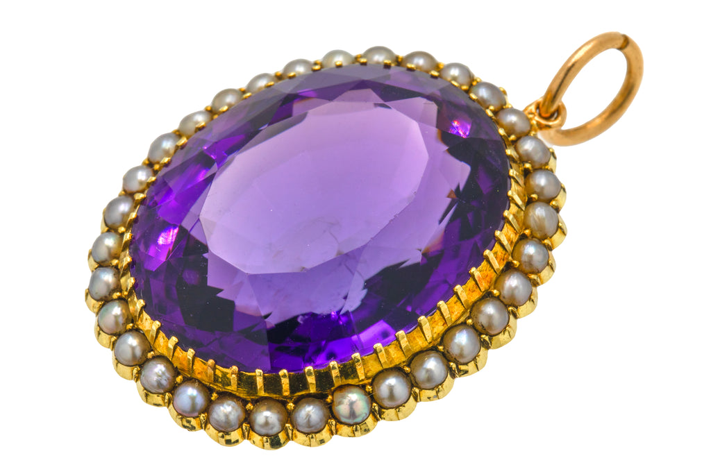 Large Antique 15ct Gold Amethyst Pearl Cluster Pendant, 38.00ct