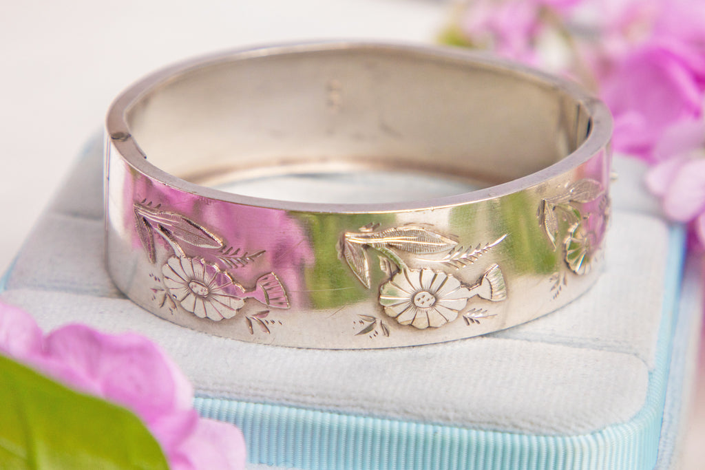 Victorian Aesthetic Silver Flower Bangle