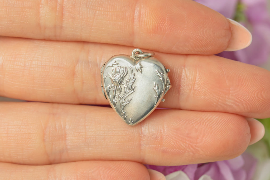 Art Nouveau French Silver Thistle Heart Locket