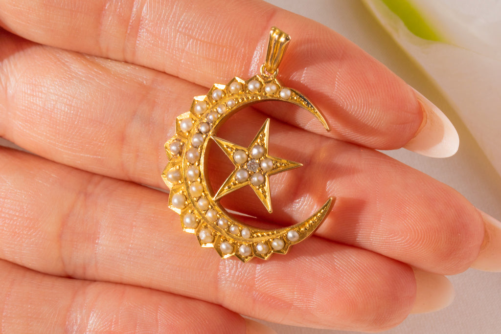 Victorian 18ct Gold Pearl Crescent Moon & Star Pendant