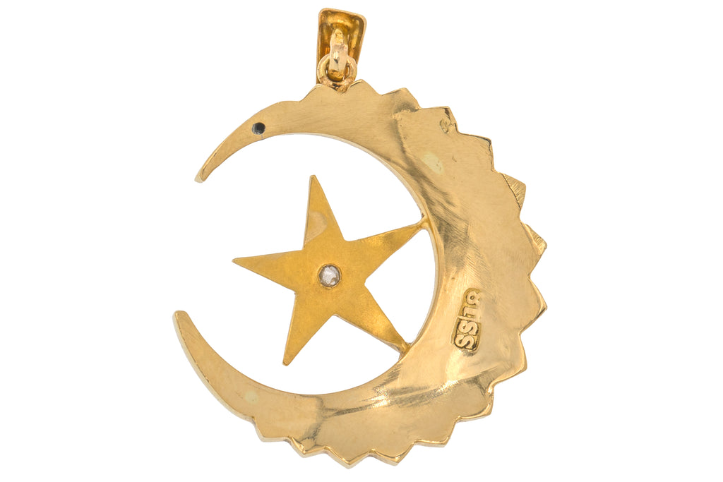 Victorian 18ct Gold Pearl Crescent Moon & Star Pendant