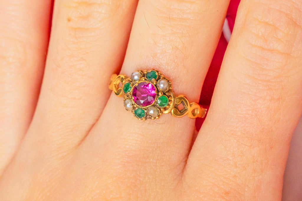 Antique 15ct Gold Ruby Emerald Pearl Cluster Ring