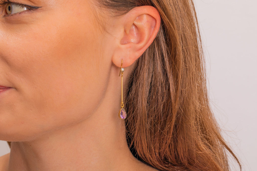 Edwardian 9ct Gold Amethyst Pearl Drop Earrings, 0.55ct