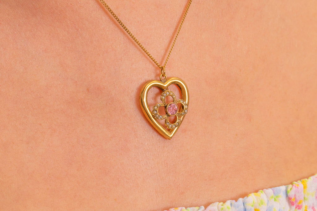 Antique 9ct Gold Paste Pearl Heart Pendant