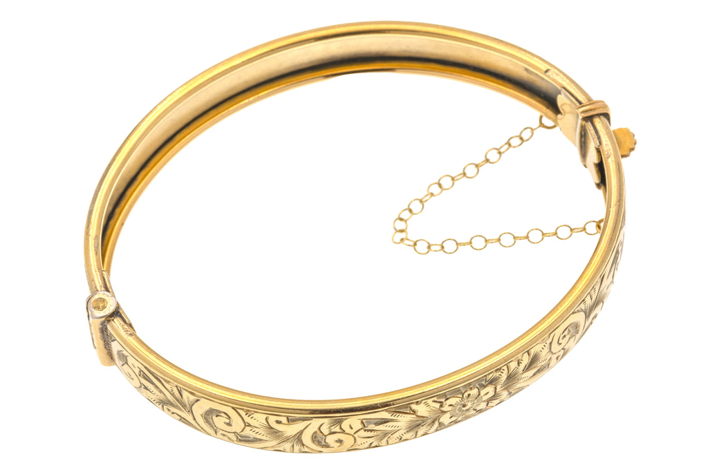 9ct Rolled Gold Flower Engraved Bangle, 6.5"