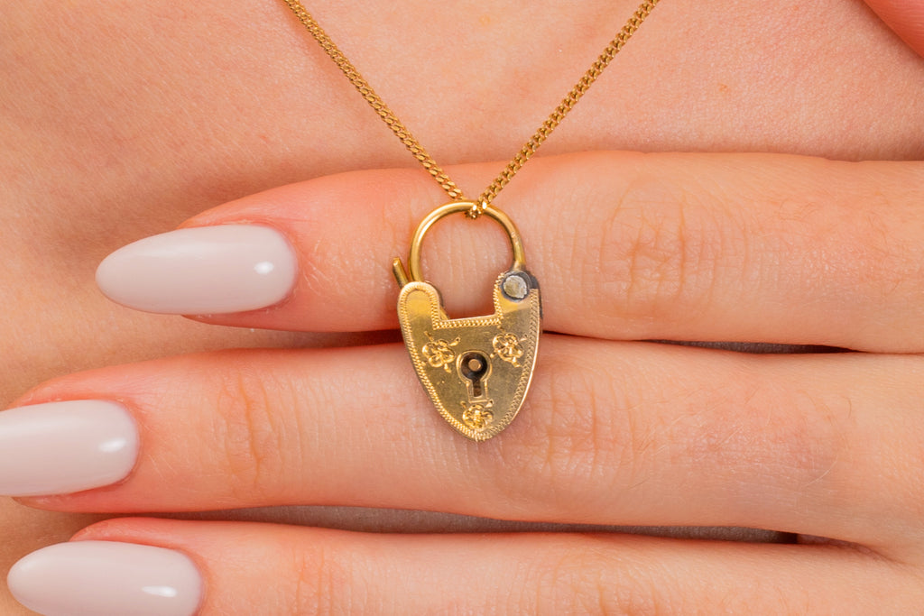 Antique 9ct Gold Engraved Heart Padlock Pendant