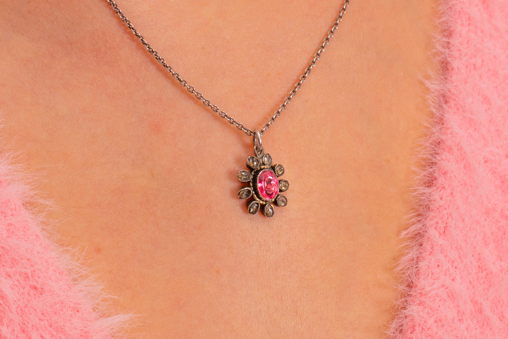 Antique Rose-cut Diamond & Pink Paste Flower Pendant