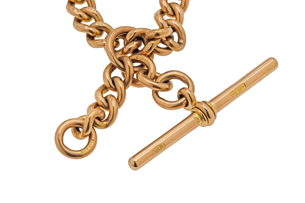 15.5" Antique 15ct Gold Albert Chain, With T-Bar, Dog Clip & Bolt Ring (60.3g)