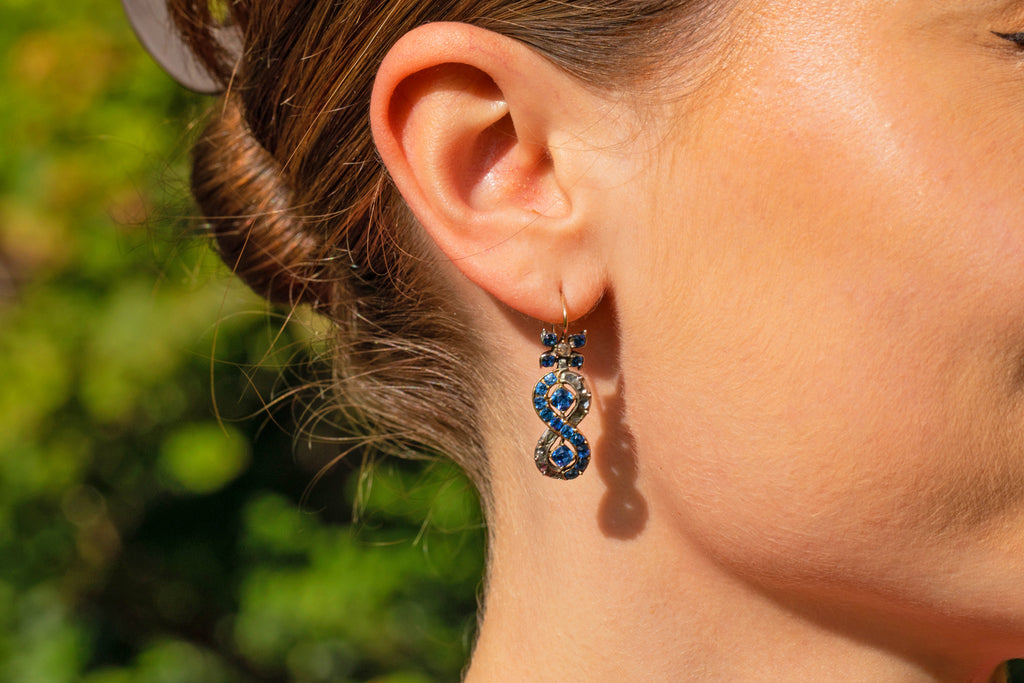 Georgian Rose-Cut Diamond & Blue Paste Infinity Drop Earrings