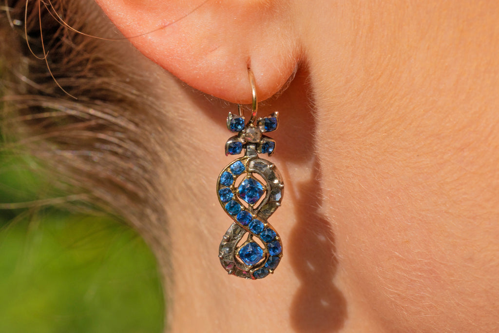 Georgian Rose-Cut Diamond & Blue Paste Infinity Drop Earrings