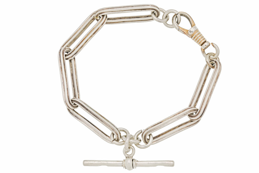Antique Silver Trombone Link Bracelet, T-Bar & Dog-Clip (23.6g)