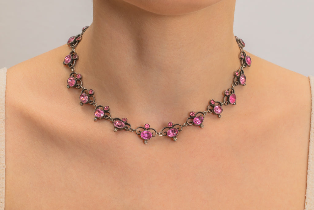 Antique Sterling Silver Pink Paste Riviere Necklace