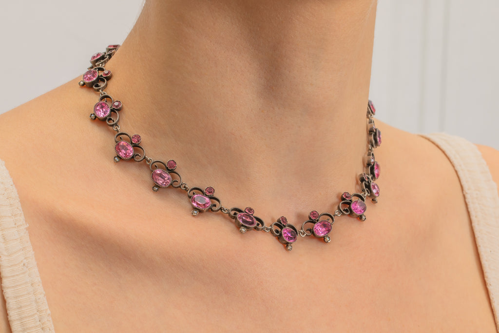 Antique Sterling Silver Pink Paste Riviere Necklace