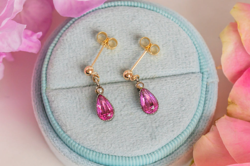 Antique Silver Pink Paste Pearl Stud Earrings