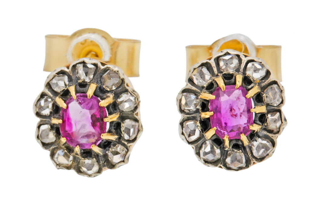 Antique 18ct Gold Ruby Diamond Cluster Stud Earrings, 0.50ct Ruby