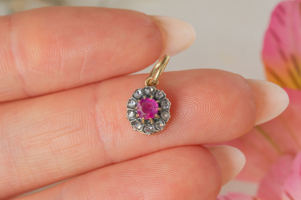 Antique 18ct Gold Ruby Diamond Cluster Charm, 0.25ct Ruby