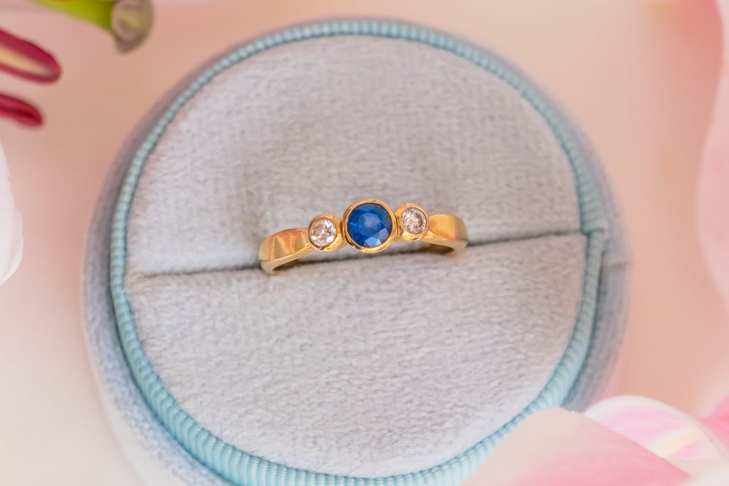 Antique 18ct Gold Sapphire Diamond Trilogy Ring, 0.45ct Sapphire