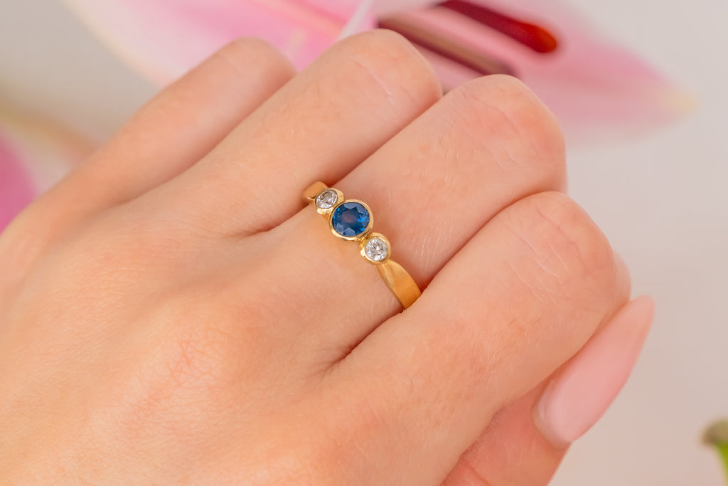 Antique 18ct Gold Sapphire Diamond Trilogy Ring, 0.45ct Sapphire