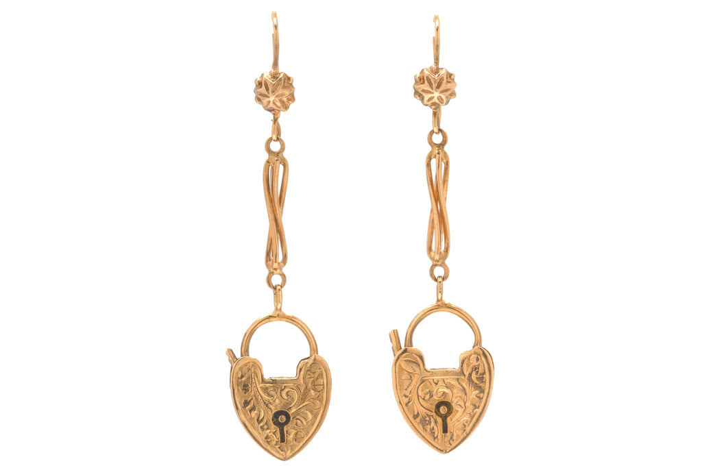 Antique 9ct Gold Heart Padlock Drop Earrings