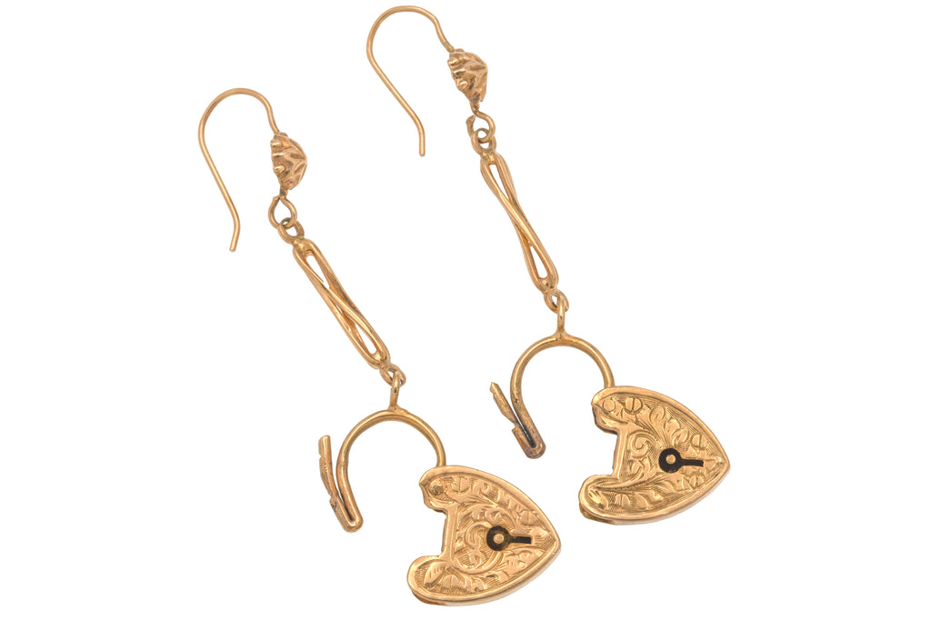 Antique 9ct Gold Heart Padlock Drop Earrings